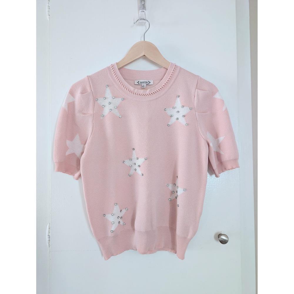 Nanette Lepore Pink Star Rhinestone Short Sleeve Knit Sweater Womens S Coquette